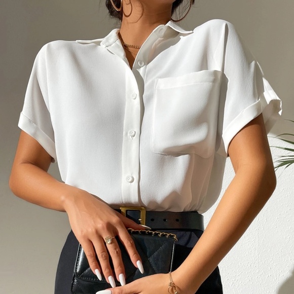White Casual Button Up / Down Shirt Collar V-Neck Button Front Short Sleeve - Picture 3 of 17